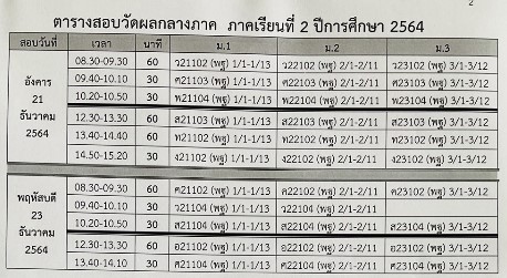 ตารางสอบวัดผลกลางภาค ภาคเรียนที่ 2 ปีการศึกษา 2564