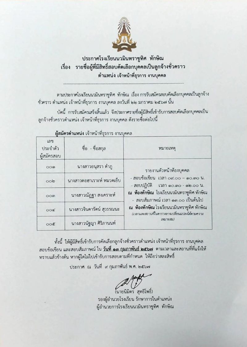 ประกาศ รายชื่อผู้ได้รับคัดเลือกเป็นลูกจ้างชั่วคราว ตำแหน่ง เจ้าหน้าที่ธุรการ งานบุคคล