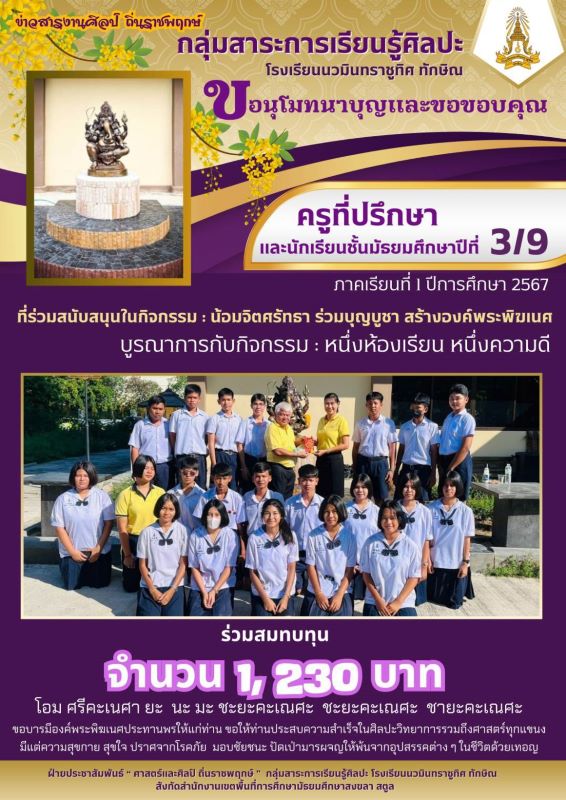 ขออนุโมทนาบุญและขอบคุณครูที่ปรึกษา และนักเรียนชั้น ม.3/9